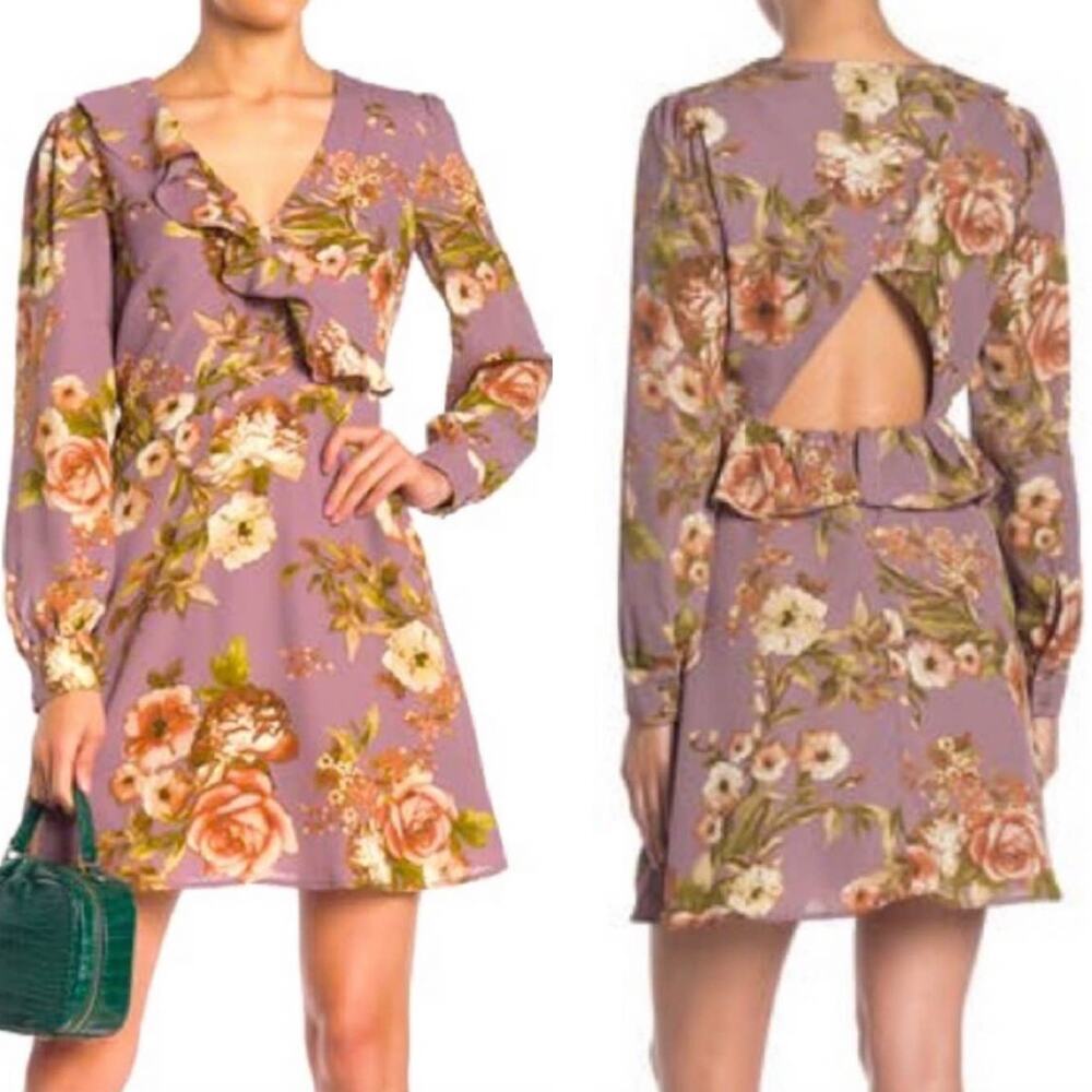 June & Hudson Floral Dress Long Sleeve Cut Out Back Flounce Trim Size Large